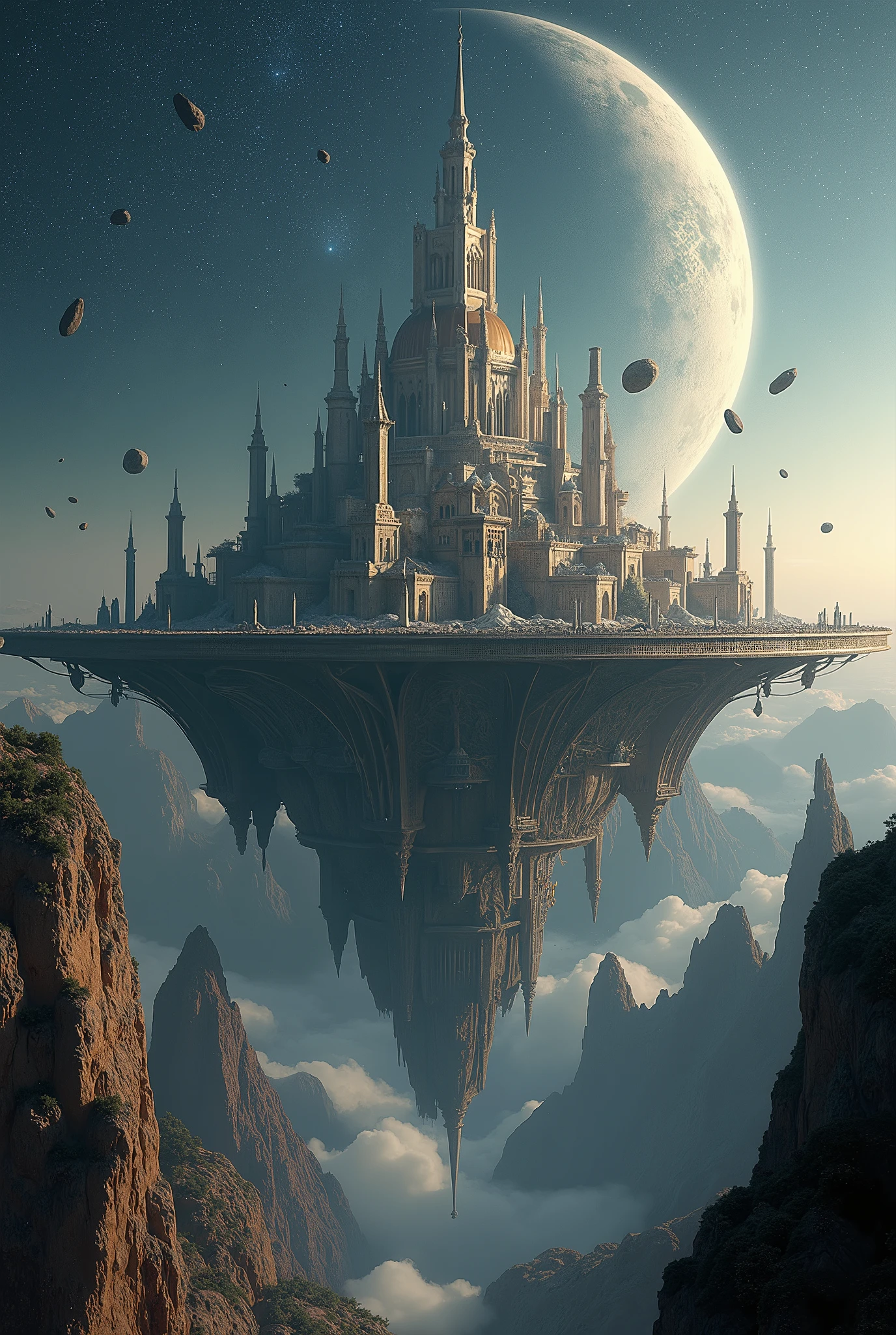 a huge very old ruins of ancient city with Ancient European Architecture is floating In Outer Space, advanced culture and civilization can be seen, many meteorites are drifting around, very beautiful Ancient Architecture landscape photo,very realistic image, beautiful Architecture, Panoramic view from high above