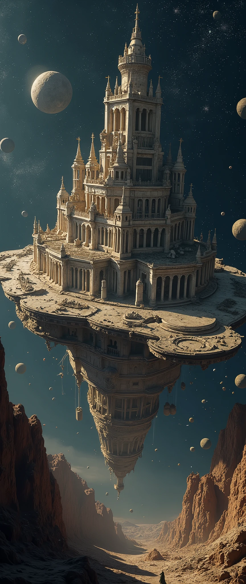 a huge very old ruins of ancient city with Ancient European Architecture is floating In Outer Space as a space ship, advanced culture and civilization can be seen, many meteorites are drifting around, very beautiful Ancient Architecture landscape photo,very realistic image, beautiful Architecture, Panoramic view from high above