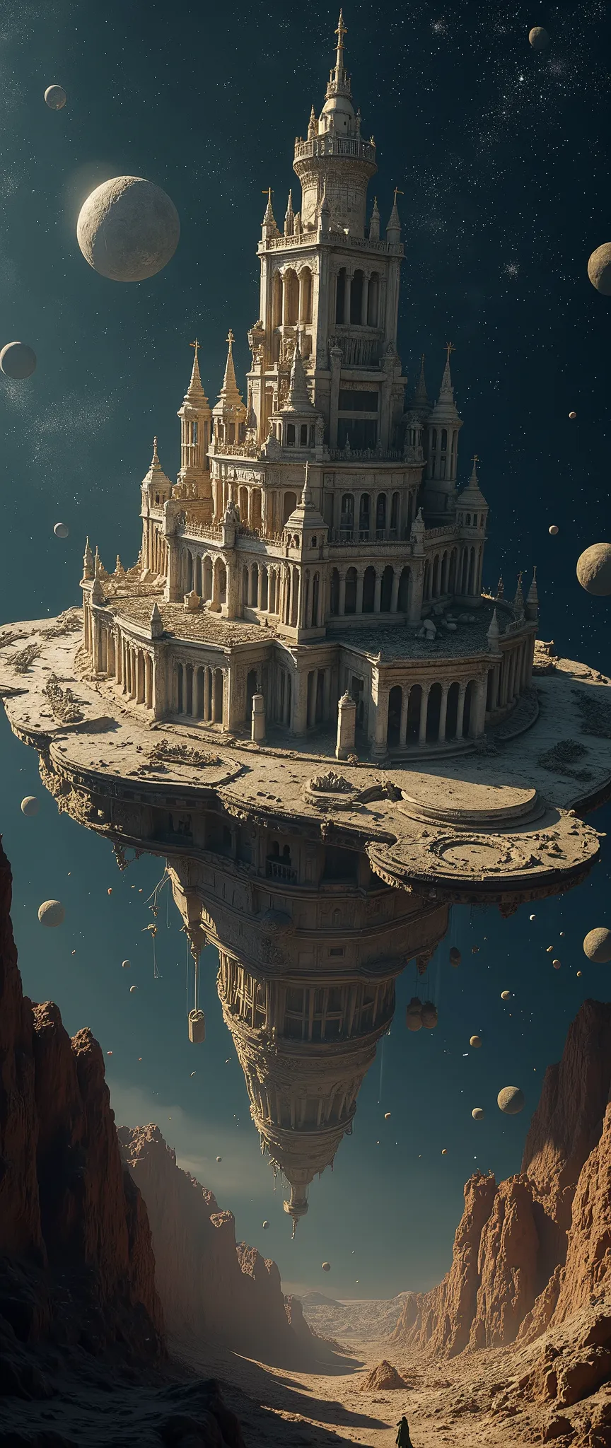 a huge very old ruins of ancient city with Ancient European Architecture is floating In Outer Space as a space ship, advanced culture and civilization can be seen, many meteorites are drifting around, very beautiful Ancient Architecture landscape photo,very realistic image, beautiful Architecture, Panoramic view from high above