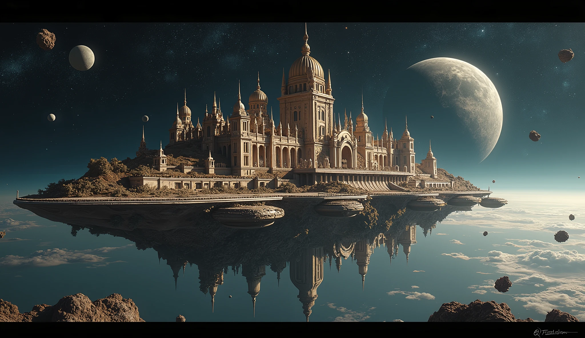 a huge very old ruins of ancient city with Ancient European Architecture is floating In Outer Space, advanced culture and civilization can be seen, many meteorites are drifting around, very beautiful Ancient Architecture landscape photo,very realistic image, beautiful Architecture, Panoramic view from high above