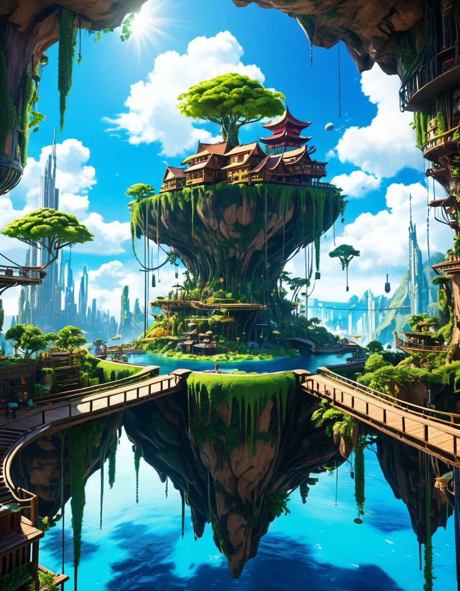 Sinister futuristic floating island suspended in the air, cities, fantasy, (villain hideout), (kawaii), cute, cute, anime style, technological, dark, funny, magical plant growth, extreme details, realistic light, blue sky, epic composition, (complex details), (complex design, ultra-details: 1.2), Art Station, (masterpiece, best quality), Ultra HD, 32k --v 6, ImgFixerPre0.3