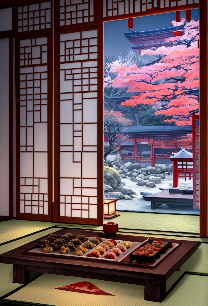 Viewing the full moon from inside a Japanese house、((There is no Chinese food))、A plate of Japanese dumplings on a small table in the foreground、Japanese dumplings are white and round.、View of the garden、