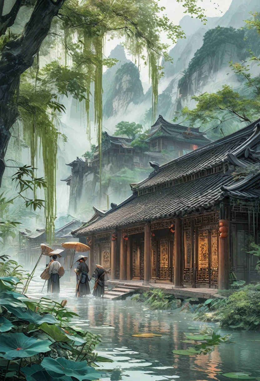 Majestic ancient temple buildings on high mountain cliffs in the vast and towering mountains of the fairyland forest(Close-up of exquisite wooden ancient temple architecture) Very beautiful Chinese scenery surrounded by thick fog, Ethereal Otherworldly Movie Scene Details Intricate Art Masterpiece Masterpiece Actual, The fresh and elegant aesthetic style airbrush digital oil painting is very beautiful, perfect composition, intricate details, Super refined and beautiful quality work from the hands of a master