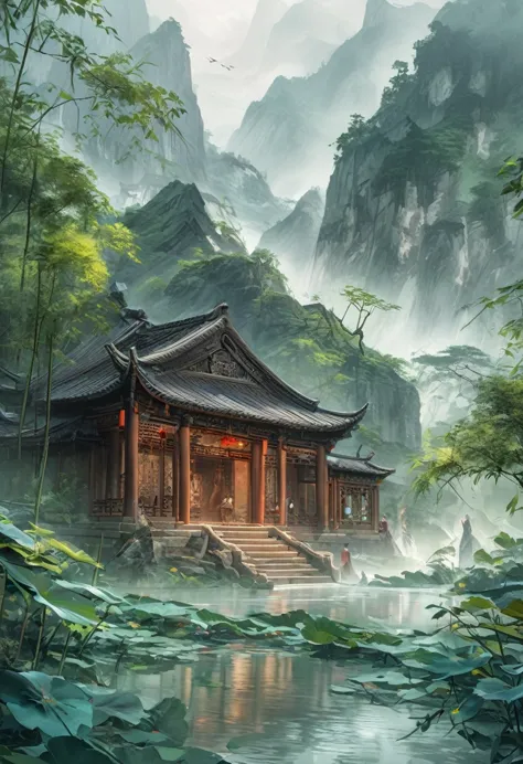 Majestic ancient temple buildings on high mountain cliffs in the vast and towering mountains of the fairyland forest(Close-up of exquisite wooden ancient temple architecture) Very beautiful Chinese scenery surrounded by thick fog, Ethereal Otherworldly Movie Scene Details Intricate Art Masterpiece Masterpiece Actual, The fresh and elegant aesthetic style airbrush digital oil painting is very beautiful, perfect composition, intricate details, Super refined and beautiful quality work from the hands of a master