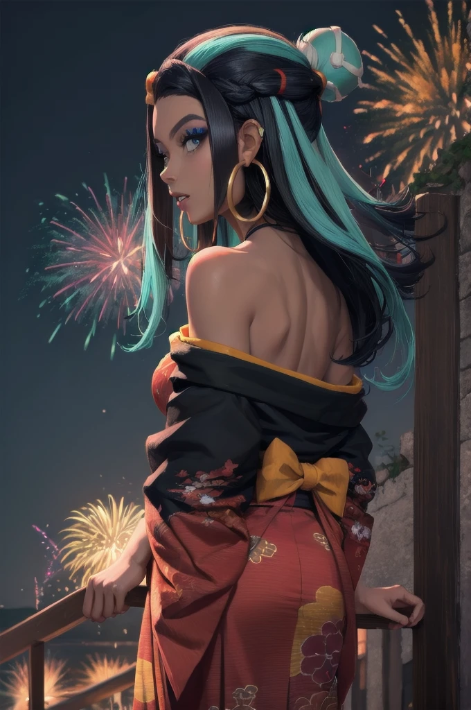 masterpiece, best quality, from behind, solo, 1girl, nessarnd, dark skin, makeup, parted lips, looking back, single hair bun, kimono, off shoulder, hoop earrings, bare shoulders, fireworks 