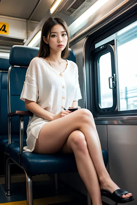 4k、sharp focus、(((sit neatly)))、beauty sitting on train seat、shot from the seat opposite you、knee height seat、photographer&#39;s...