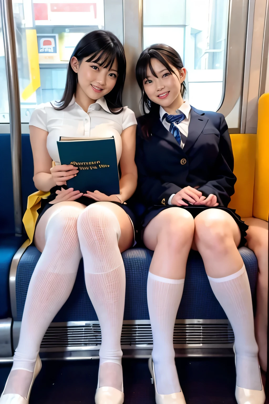 4K.Sharp focus、(((Sit well))), Beauty sitting on train seat, Taken from the opposite seat, Knee height seat, View Photographer, Tall Woman, One Woman, whole body, (Smiling at the photographer), tight skirt, (Over the knee socks), High heels, Sexy Dress, Long legs, Heavy makeup, Perfect Makeup, Perfectly styled hair、Clothes that show the chest、Glasses、Thin and long elbows、(School girl wearing a white blouse) 、Perfectly symmetrical eyes、Fuller lips、Ample breasts、Tight waist、Sweaty thighs、２Book Arms、(Over the knee socks)、(Accurate joint placement５Book fingers)、A woman with anatomically correct muscles and bones、school uniform,