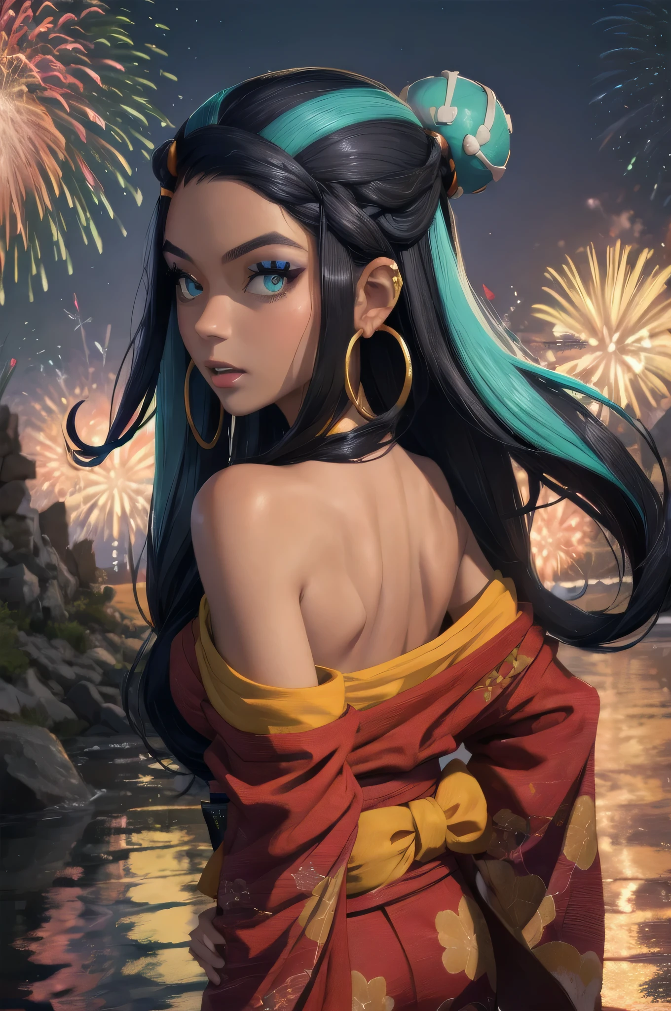 masterpiece, best quality, from behind, solo, 1girl, nessarnd, dark skin, makeup, parted lips, looking back, single hair bun, kimono, off shoulder, hoop earrings, bare shoulders, fireworks 