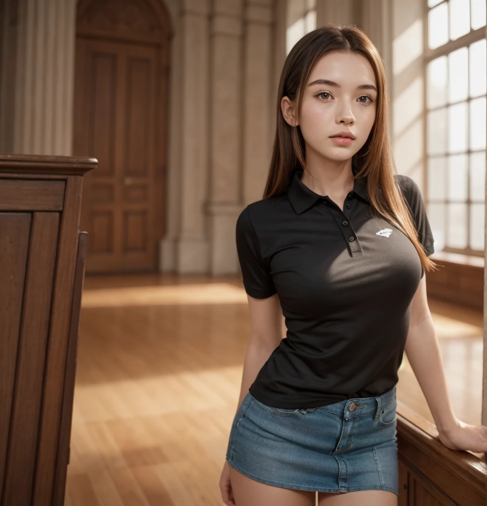 Young Scandinavian girl, cute face, fascinating, top quality, masterpiece, closed mouth, (black polo shirt, randomly detailed miniskirt (, in university hall)), very detailed and without errors), pause,カジュアルな, [blushing], beautiful, complex, caustic, (( (soft lips))), , Very detailed, (realistic: 1.2), Niroudef, Redhead, perfect legs, facing the viewer.  random pose, standing