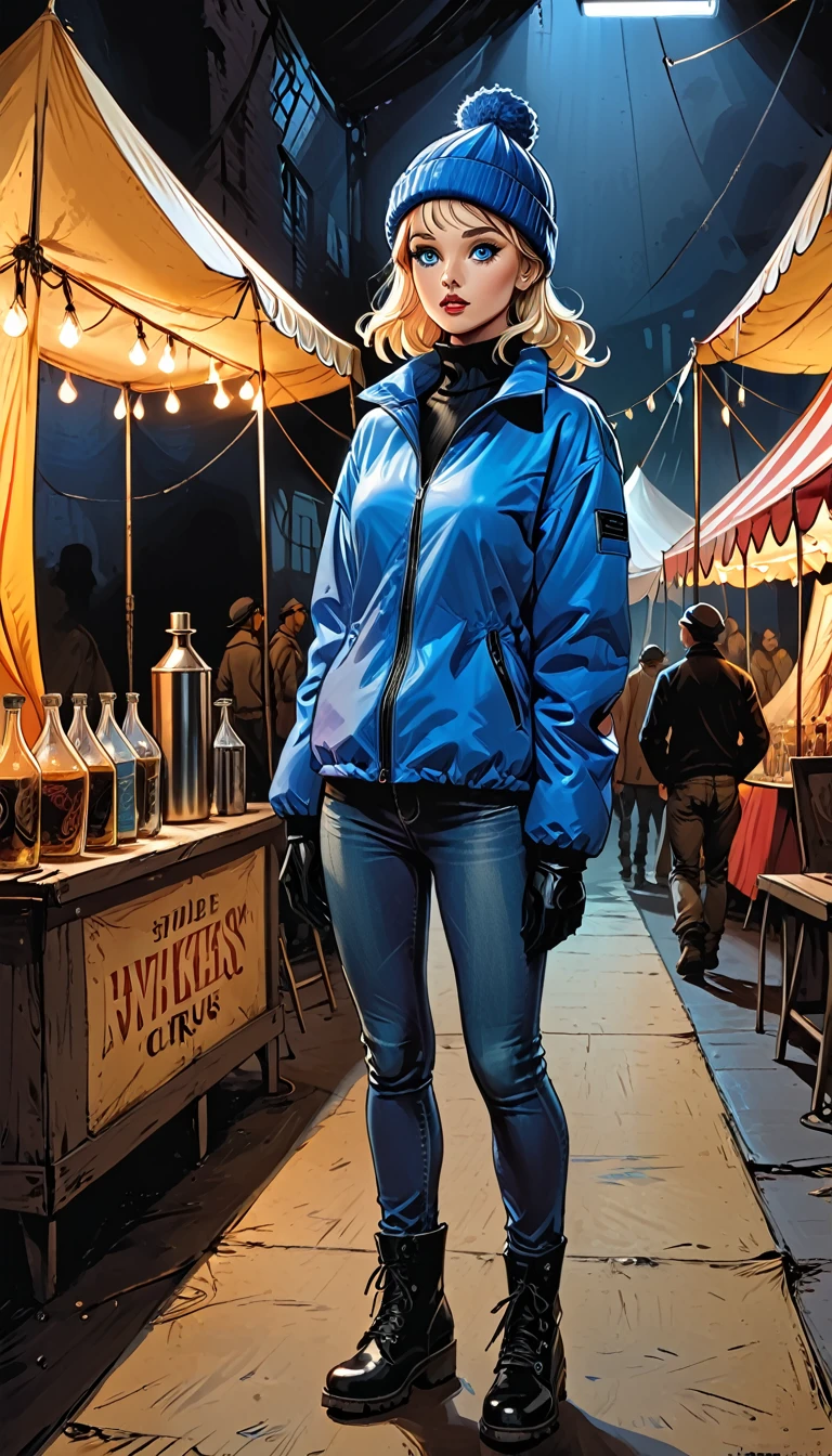 ((inside violet circus tent)),dark atmosphere, ((side view)), deep shadow, shadow, (shocked), (fullbody), side view shocked fullbody ((girl in Blue zipped up down winter jacket and black turtleneck )) 
and (((jeans))) and blue gloves and (((blue winter hat)))) and black hiking boots ((walking)) at circus tent,adult, [Nordic], Hourglass elongated fitness body, perfect Olive skin, Oval Face, Long neck, Rounded shoulders, perfect hand, Attached Pointed ears, round forehead, (Short blonde Waves pixie hair), snub nose, Arched eyebrows, ((monolid blue Eyes)), High Round Narrow cheekbones, Dimpled Cheeks, Rounded Chin, Rounded Jawline, Full nude Lips, (blue eyes), Nude Makeup Look, long eyelashes, long slim fitness legs, graphic style of novel comics, perfect hands, 2d, 8k, hyperrealism, masterpiece, high resolution, best quality, ultra-detailed, super realistic, Hyperrealistic art, high-quality, ultra high res, highest detailed, lot of details, Extremely high-resolution details, incredibly lifelike, colourful, soft cinematic light,