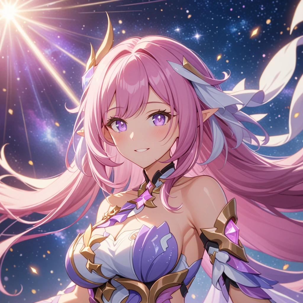 ai-generated,very aesthetic,1girl,elysia_/(herrscher_of_human:ego/)_/(honkai_impact/),pointed_ears,pink_hair,dreamy anime fantasy background,raytracing,light purple eyes,well-defined pink diamond pupils,floating,light particles,dsmile,breathtakingly gorgeous multicolored starry sky,gentle smile,celestial,intricate,large breasts,goddess,vibrant rich hdr color,cel shading,(best quality,4k,8k,highres,masterpiece:1.2),((full body)),Bloom, Ray Tracing, God Rays, 