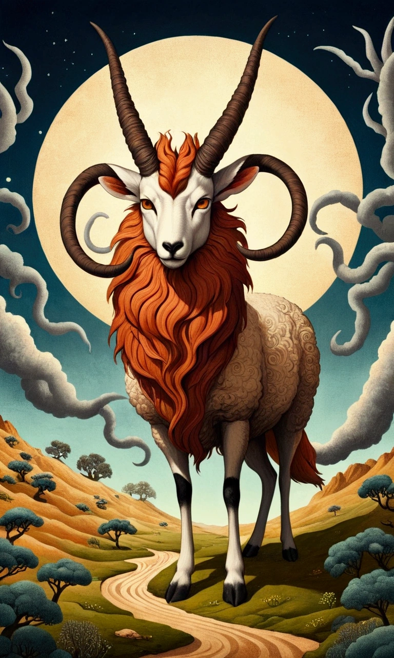 Surreal illustration，Depicts a monster with intricate details，Sheep's ears，Antelope's horns，The tail of the nine-tailed fox，One eye on the back，