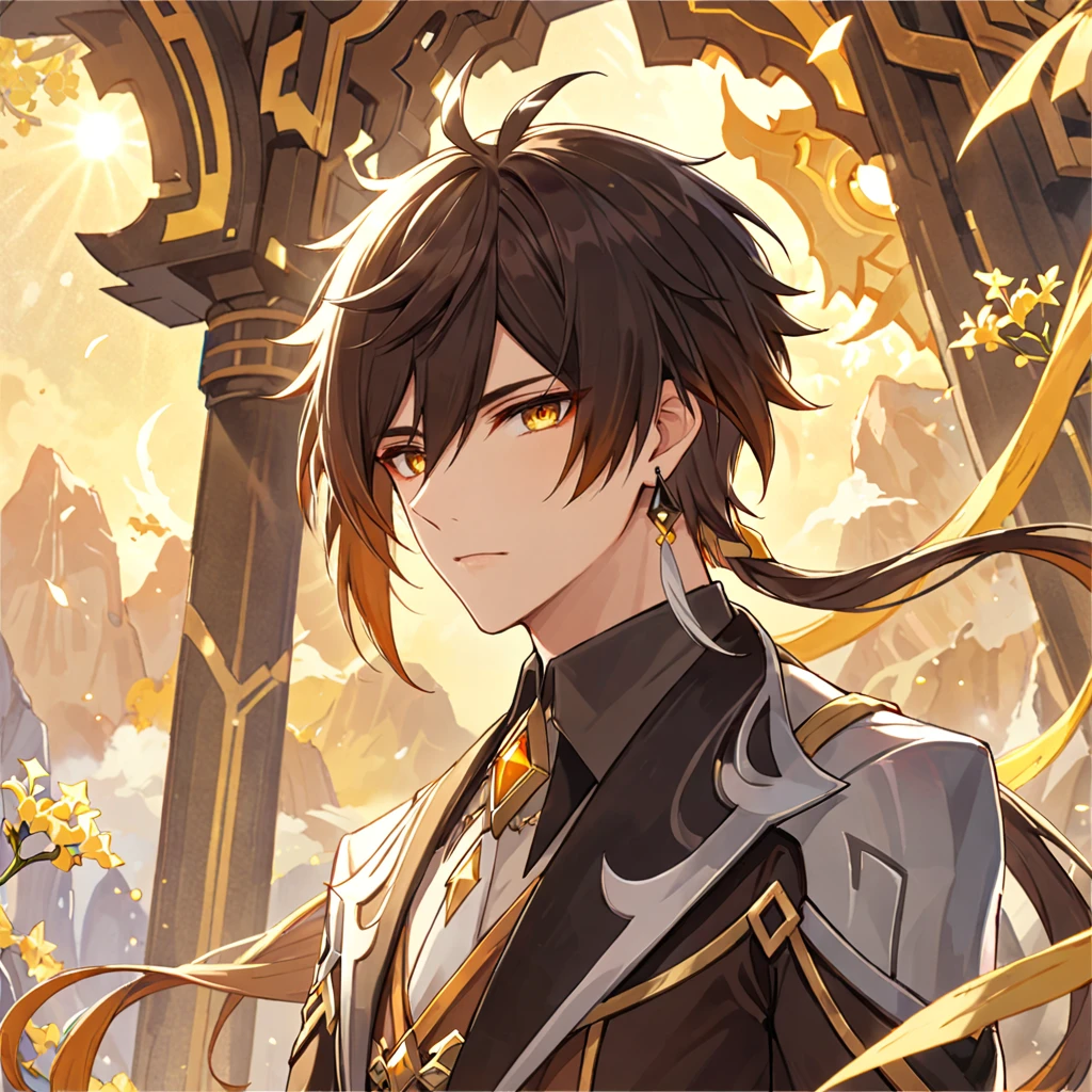 (best quality,4k,8k,highres,masterpiece:1.2),1boy, zhongli_/(archon/)_/(genshin_impact/),male focus,intricately detailed,realistic:.4,intense gold eyes,mature_male, narrow_waist,full body, by carnelian, cel shading, fantasy china background, liyue, mountains,look up at viewer, osmanthus flowers,male focus,solo,long hair,bangs,jewelry,earrings,ponytail,contemplative, thoughtful, calm, serene, red eyeliner, highly detailed eyes, volumetric lighting, sunset, golden illumination, wise and kind god,cinematic lighting, ray tracing, UHD, high details, high quality, award winning, super detail,vivid fantasy painting,hd color,seductive eyes,sexy eyes,narrowed eyes,lowered lashes,handsome man,small iris,honkai star rail character,godly,hot asian man,asian eyes,red eyeliner,blade from honkai