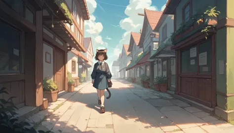 highest quality,cat ears girl,walking through residential areas