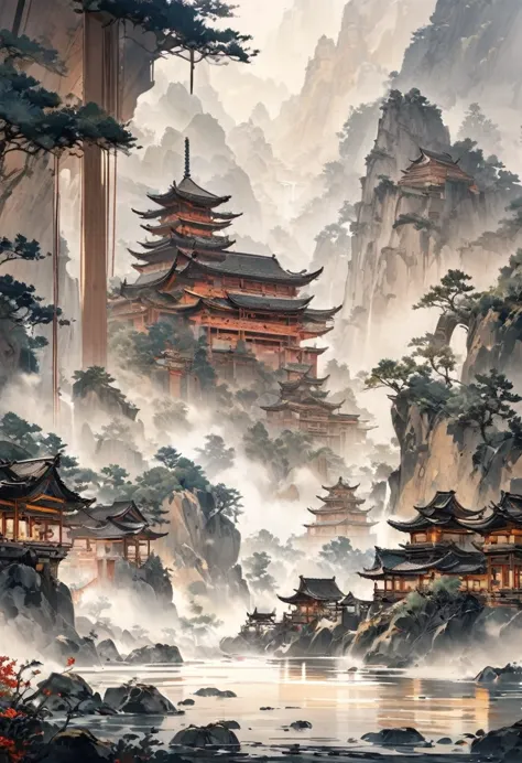 Majestic ancient temple buildings on high mountain cliffs in the vast and towering mountains of the fairyland forest(Close-up of exquisite wooden ancient temple architecture) Very beautiful Chinese scenery surrounded by thick fog, Ethereal Otherworldly Movie Scene Details Intricate Art Masterpiece Masterpiece Actual, Fresh and elegant aesthetic style, ink and wash paintings are very beautiful, perfect composition, intricate details, Super refined and beautiful quality work from the hands of a master