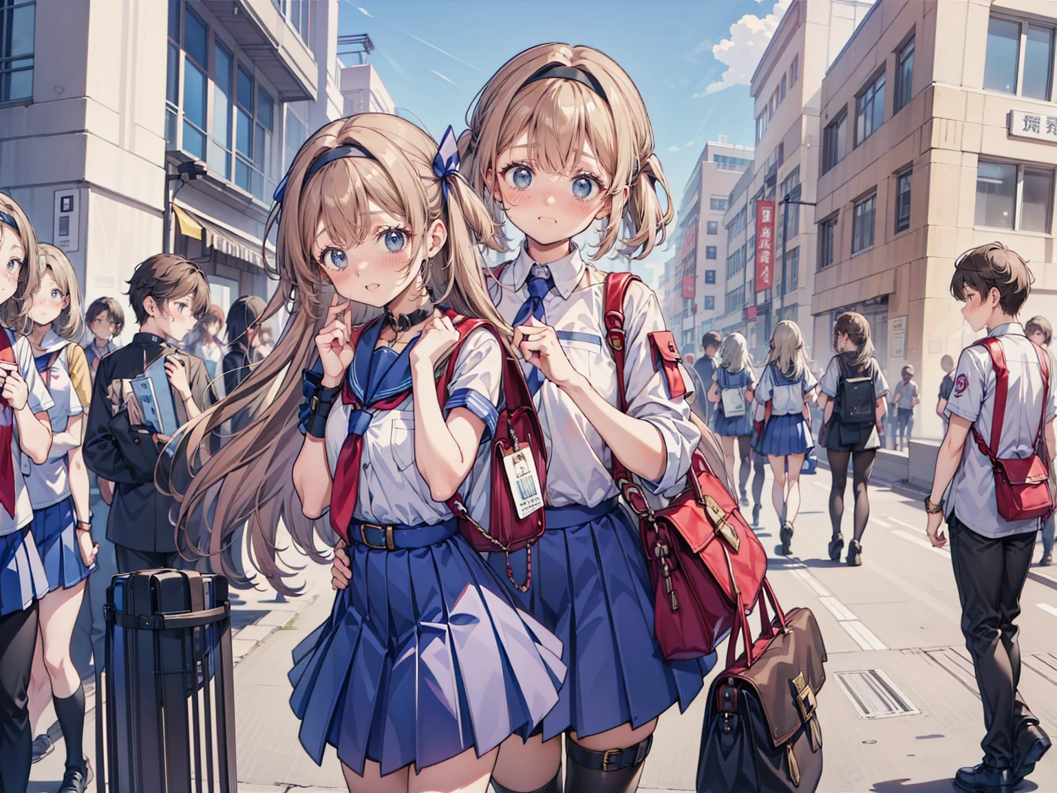 Anime Style、Storytelling、、beautiful girl、とてもcute天使、Red school bag、cute、Baby Face、smile、Long skirt、Black long boots、Very cute headband、Very cute dress、　Embarrassing、　Blushing
