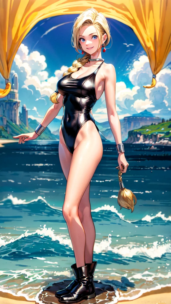 (masterpiece, highest quality:1.2), 1 girl, solo, 1 girl, Bianca, DQ5, illustration, anime style, long hair, blonde hair, single braid, blue eyes, smiling,  dq Bianca, single braid, earrings, blackleotard swimsuit dq beach, full body standing pose