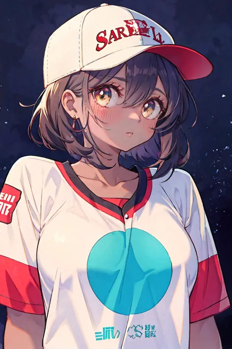 1 girl, solitary, dark skin, dark-skinned women, upper body, baseball cap, t-shirt, tomboy