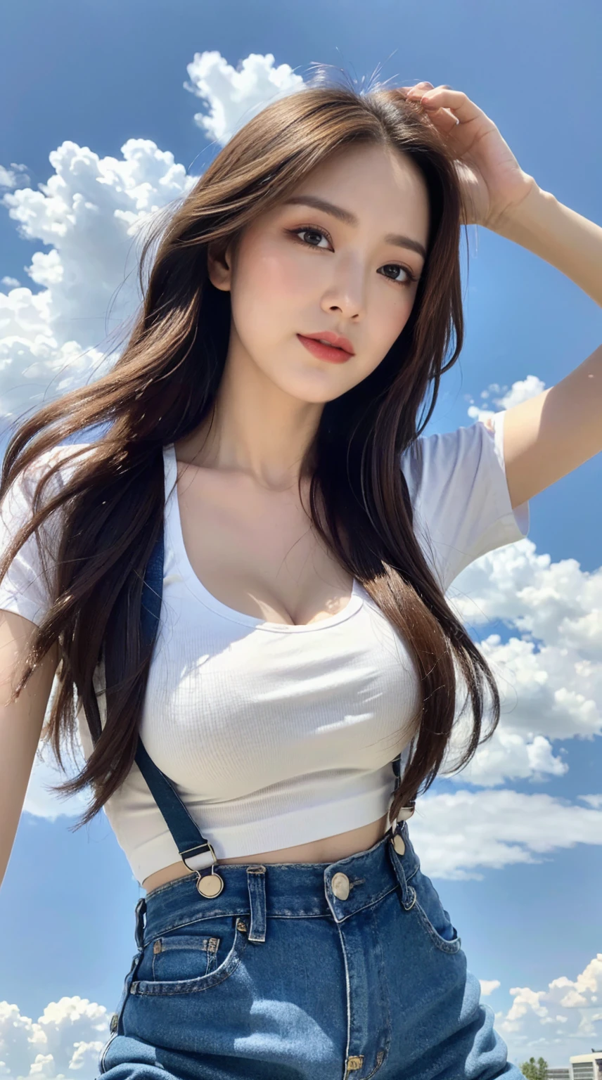 (daytime, Excellent, 8K, masterpiece:1.3)), whole body, Long legs, focal length: 1.2, Perfect body beauty: 1.4, Slim abdominal muscles: 1.1, ((Dark brown hair, Large Breasts: 1.2 )), (White Tight T-shirt, Denim suspenders, permanent: 1.2), ((City, Blue sky and white clouds: 1.3)), Highly detailed face and skin textures, Delicate eyes, Double eyelids, Long hair flying