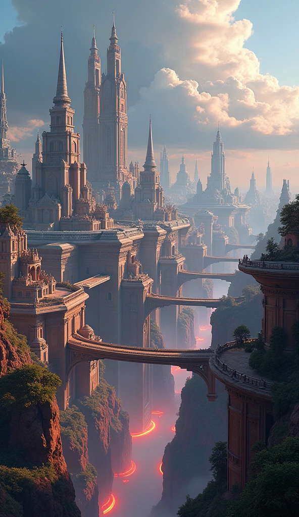 a panoramic view of an ancient fantasy city, intricate mix of ancient architecture from greek, roman, aztec, japanese and egyptian cultures, futuristic sci-fi city on an alien planet, highly detailed, 8k, photorealistic, stunning lighting, dramatic shadows, glowing lights, neon accents, vivid colors, cinematic composition, wide angle, sense of scale and grandeur, incredible detail, mechanical elements, floating structures, otherworldly landscape, dramatic clouds, epic fantasy, digital art, matte painting style