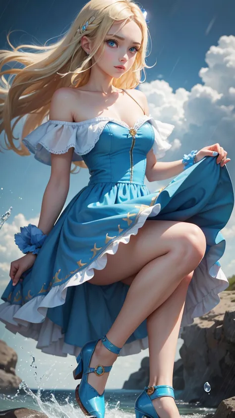 girl, blonde hair, sky blue eyes, slim build, bright skin, blue dress with images of wind and rain, on her feet are blue heeled ...