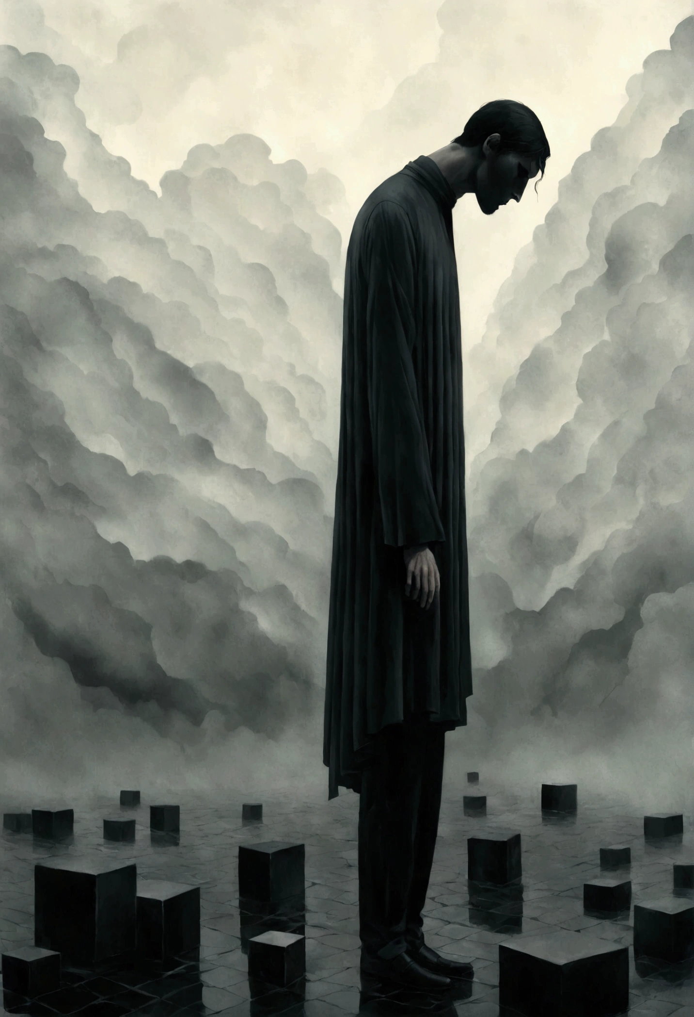 Faceless Man,(((Block header)))，Cubic personification，bend over，tired， Alessio Albi, Abstract Surrealism, Faceless Man dark, Disturbing horror of nothingness, mist