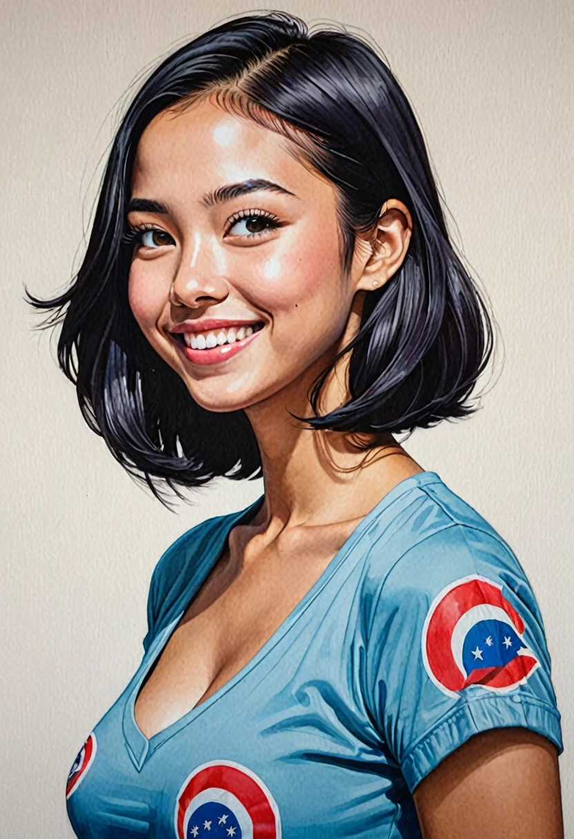 side view of a cute 18yo Costa Rican girl by Harumi Hironaka and Aaron Jasinski and Duy Huynh, huge smile, v neck, big bright eyes, gigantic breasts:1.7