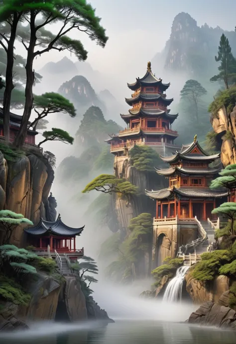 majestic ancient temple buildings on high mountain cliffs in the vast and towering mountains of the fairyland forest(close-up of...