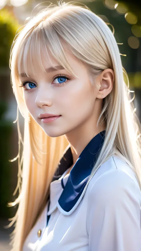 portrait、school uniform、bright expression、ponytail、young, lustrous, glowing, white skin、the best beauty、blonde reflection、platin...