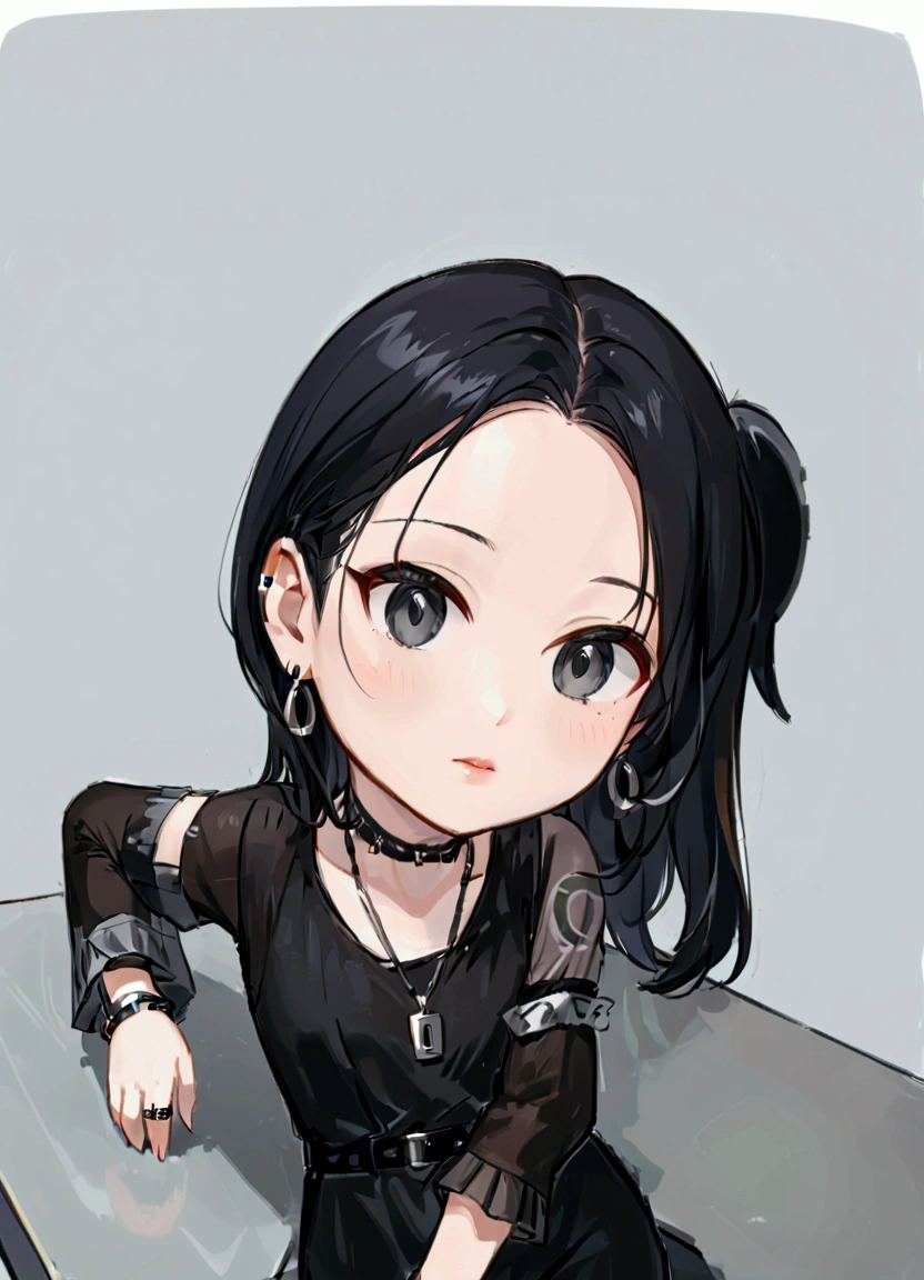 A girl with long, black hair, wearing a black Dresses With two penetrating sleeves, with  alphabet print. Accessories include earrings, a long necklace with pendants, and a chain-like belt. Silver watches, silver earrings, The individual has a relaxed pose, leaning slightly and resting one arm on a surface. The background is a simple, light-colored setting. The overall atmosphere appears calm and casual.