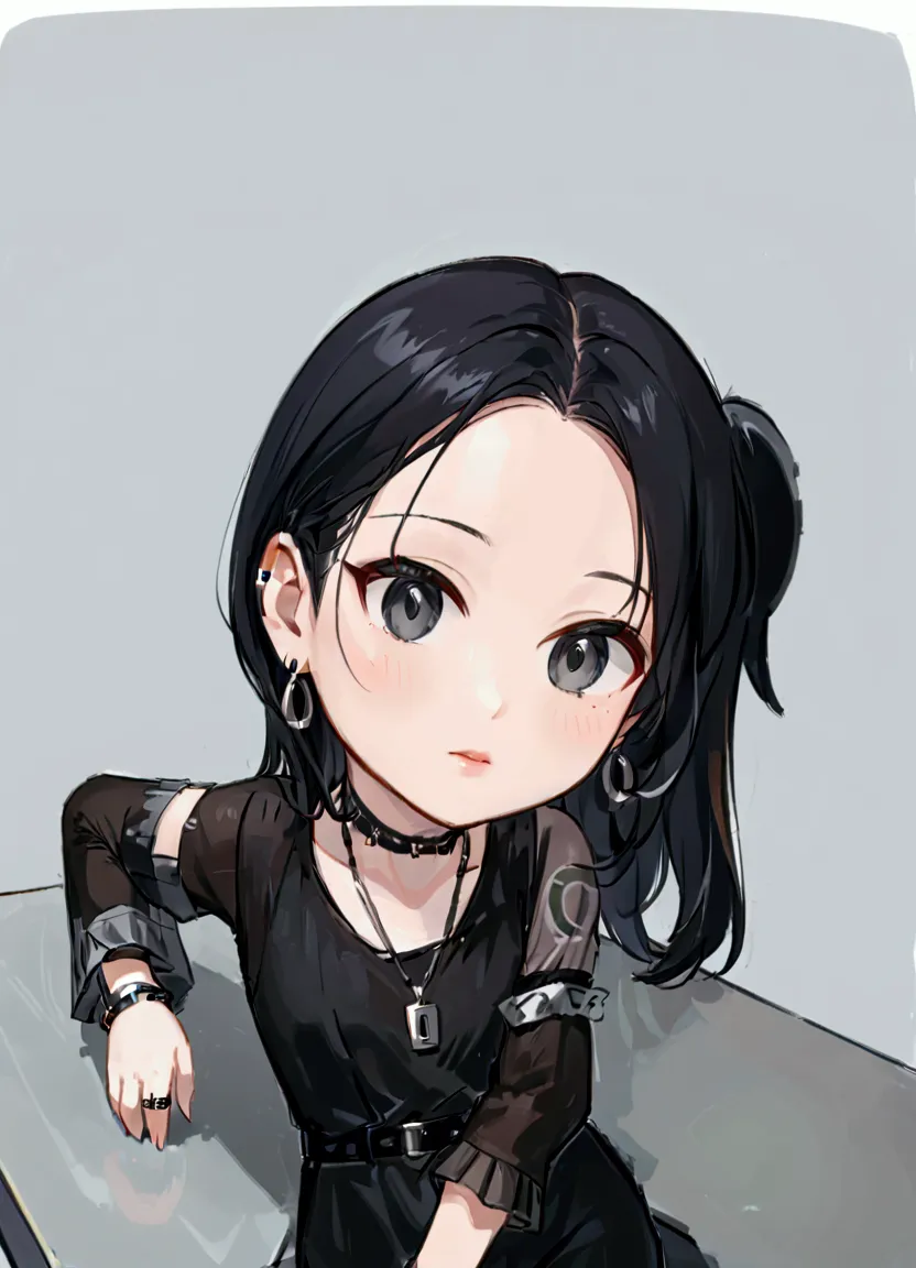 a girl with long, black hair, wearing a black dresses with two penetrating sleeves, with  alphabet print. accessories include ea...