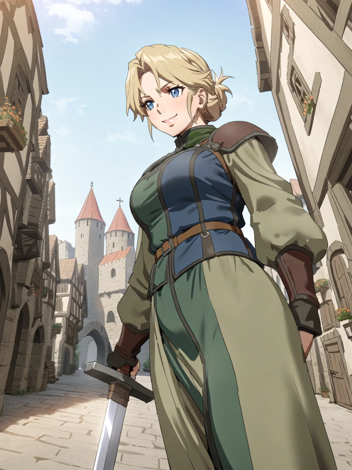 {{upper body, dutch angle}} {{Artist: sincos}} 1girl, mature female, beige hair, updo, steel blue eyes, green adventurer outfit, brown belt, outdoors, medieval town, standing, holding sword, pov, medieval fantasy, smile