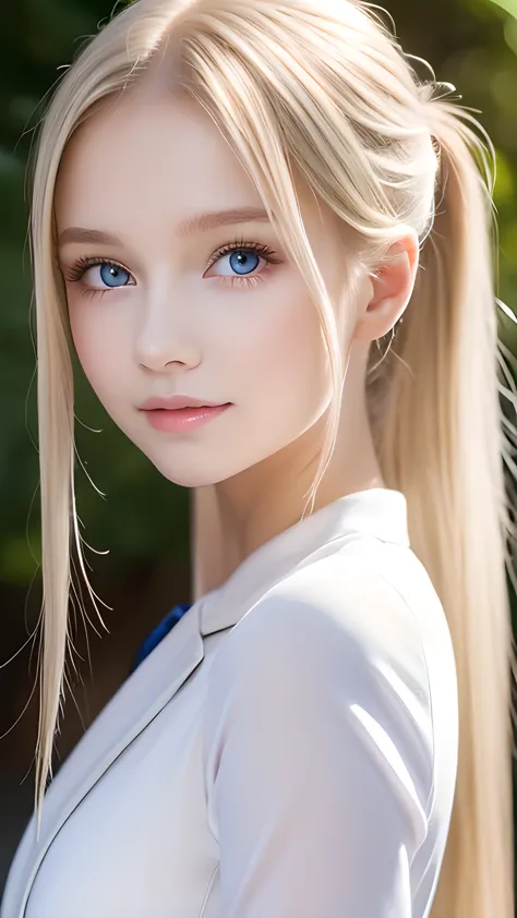 portrait、school uniform、bright expression、ponytail、young, lustrous, glowing, white skin、the best beauty、blonde reflection、platin...