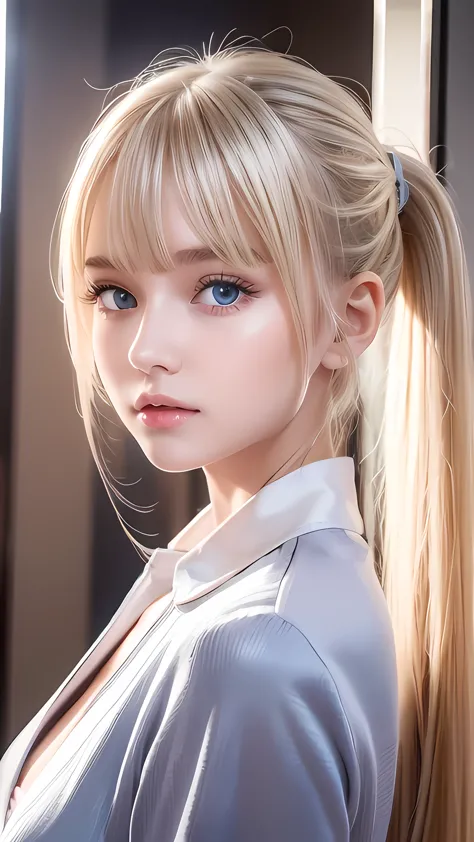 portrait、school uniform、bright expression、ponytail、young, lustrous, glowing, white skin、the best beauty、blonde reflection、platin...