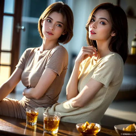 8k,brown short hair,japanese actress,super beauty(like the real thing),short sleeve dress,whiskey bottles、the macallan、johnnie w...