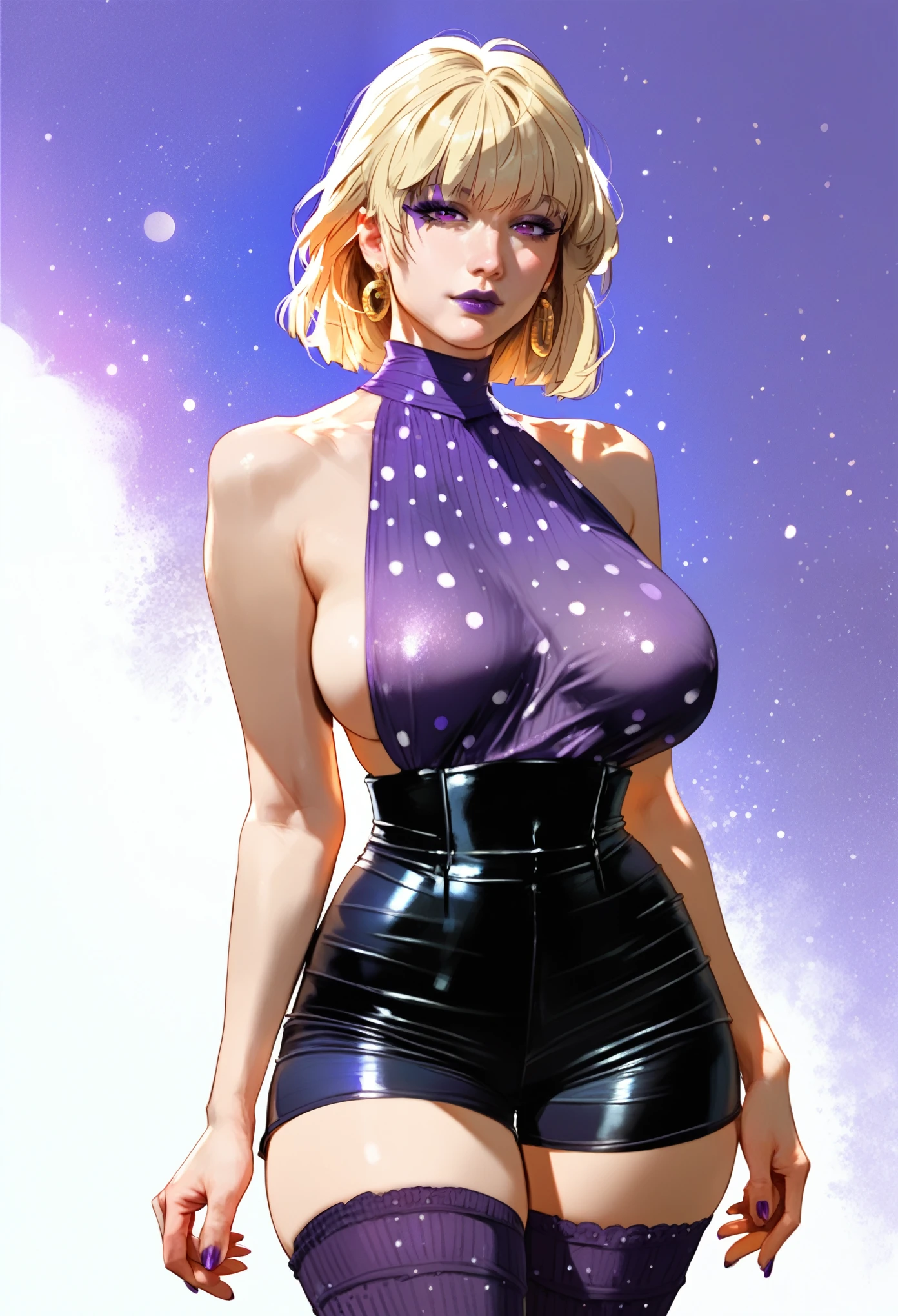 mixed_artwork style, 1 girl, standing alone, hands, beautiful woman, Asian, thick, Egyptian style hair, blonde hair with purple dots, pale skin, purple lipstick, light purple eyes, purple eyeliner, Sideboobs purple blouse, black shorts with purple rays print, e-girl, long tight purple socks, realistic, textures, 8K, perfect hand, perfect anatomy, visible curves, Breasts,