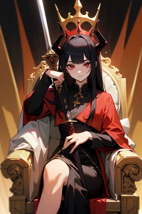 he wears a red crown and devil horns on his head., she ruled the demon world for a long time., straight hair.black-haired karak,...