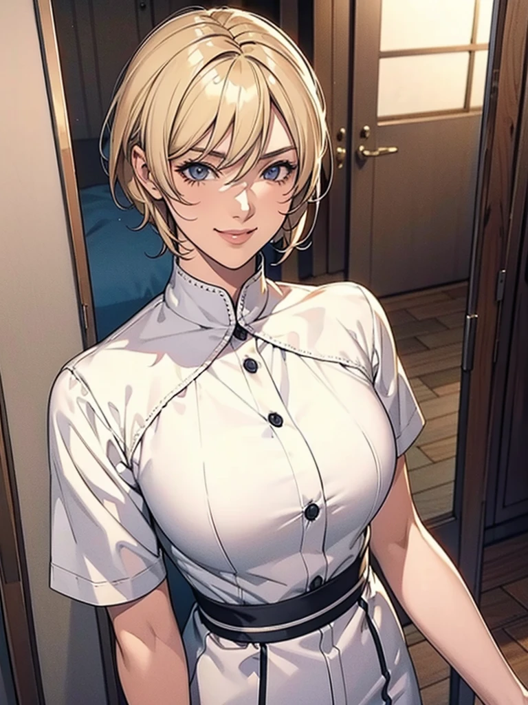 HD, High Details, manhwa, 25 yo girl,Short Hair, Hair Between Eyes, Blonde Hair, Smile, Anime, Cowboy Shot,  cu shot