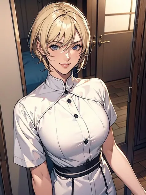 hd, high details, manhwa, 25 yo girl,short hair, hair between eyes, blonde hair, smile, anime, cowboy shot,  cu shot