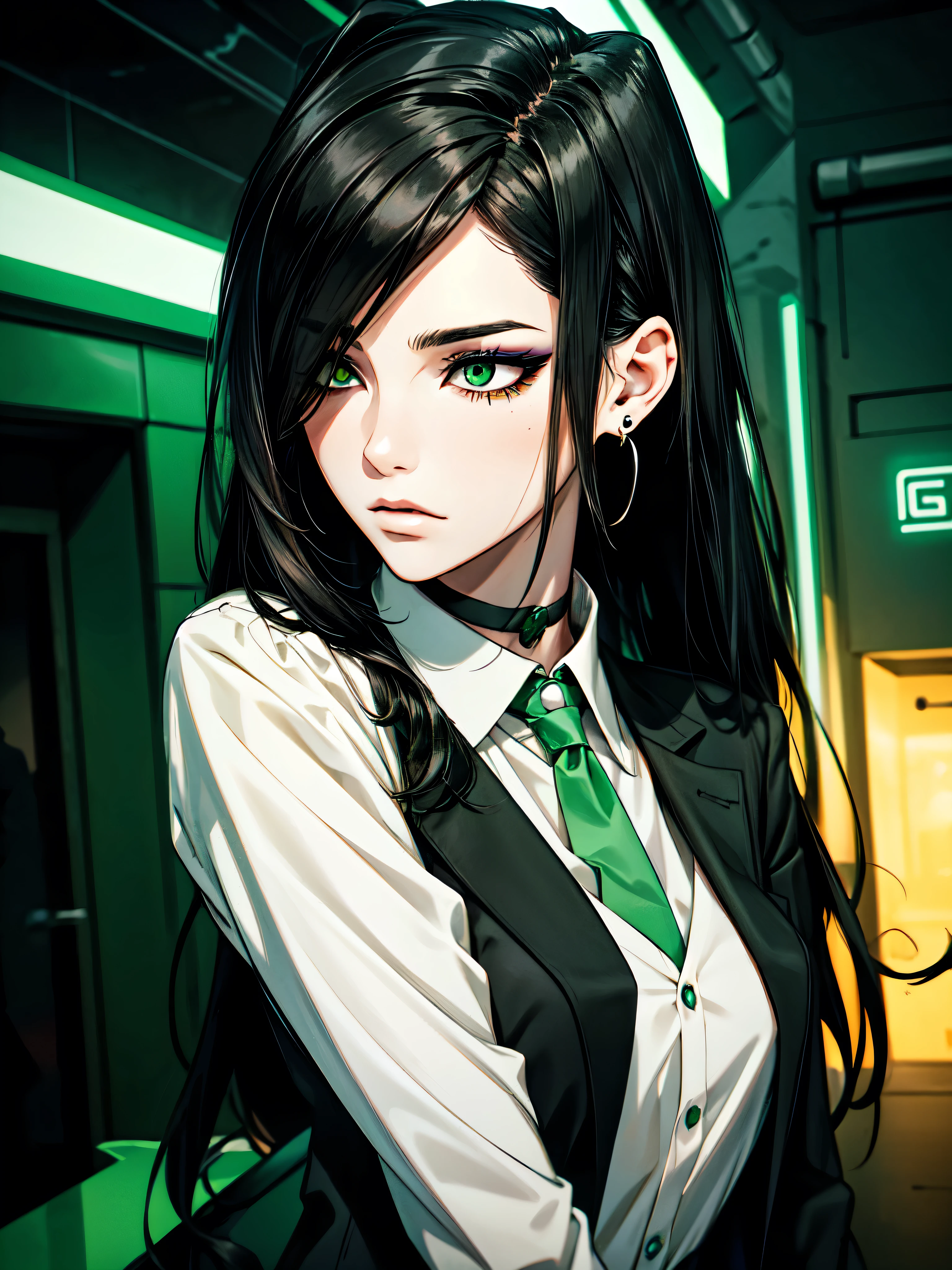 1girl, ((hair over eye)), (tight black lace blazer), black tie, ((long hair)), ((straight hair)), (((black hair))), side swept bangs, white skin, pale, white, (green eye), tired expression, choker, ((dark makeup, mascara, eyeshadow)), (mole under eye), multiple piercings, best quality, 8k, cyberpunk city, neon streets, white shirt, erotic, slytherin