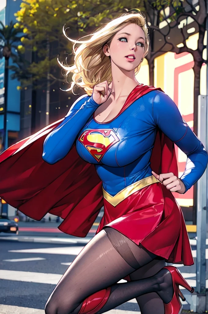 (ultra realistic,32k, masterpiece:1.2),(high detailed skin:1.1),( high quality:1.1),
supergirl,blonde hair, long hair,happy, bodycon dress,sleeveless,pantyhose,high heels,   city park, sunshine, palms, blurry background,,fighting stance pose, (huge breast,large breast:1.2),(neon pastel light:1.1),