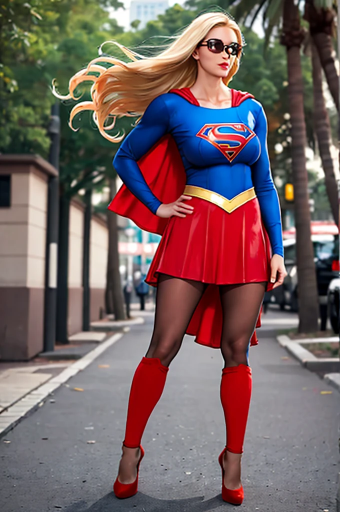 (ultra realistic,32k, masterpiece:1.2),(high detailed skin:1.1),( high quality:1.1),
supergirl,blonde hair, long hair,happy, bodycon dress,sleeveless,pantyhose,high heels,   city park, sunshine, palms, blurry background,,fighting stance pose, (huge breast,large breast:1.2),(neon pastel light:1.1),