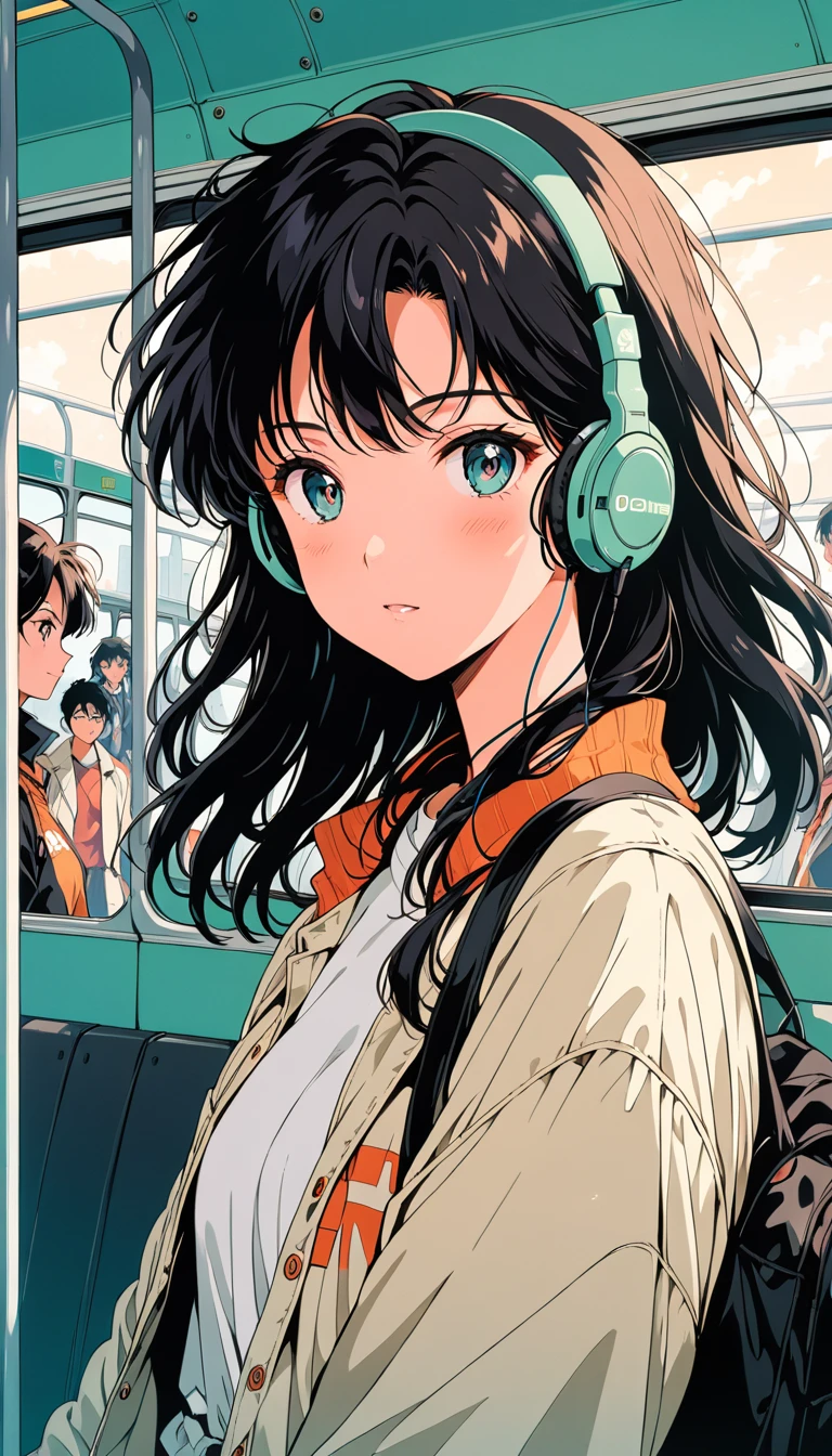 High resolution, masterpiece, Highest quality, High detail, Character portrait, Wide-angle shot, earphone, Drop Shadow, anime, anime風, On the bus