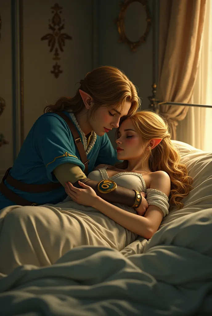 Link and zelda lay down on bed , as hug eachother 