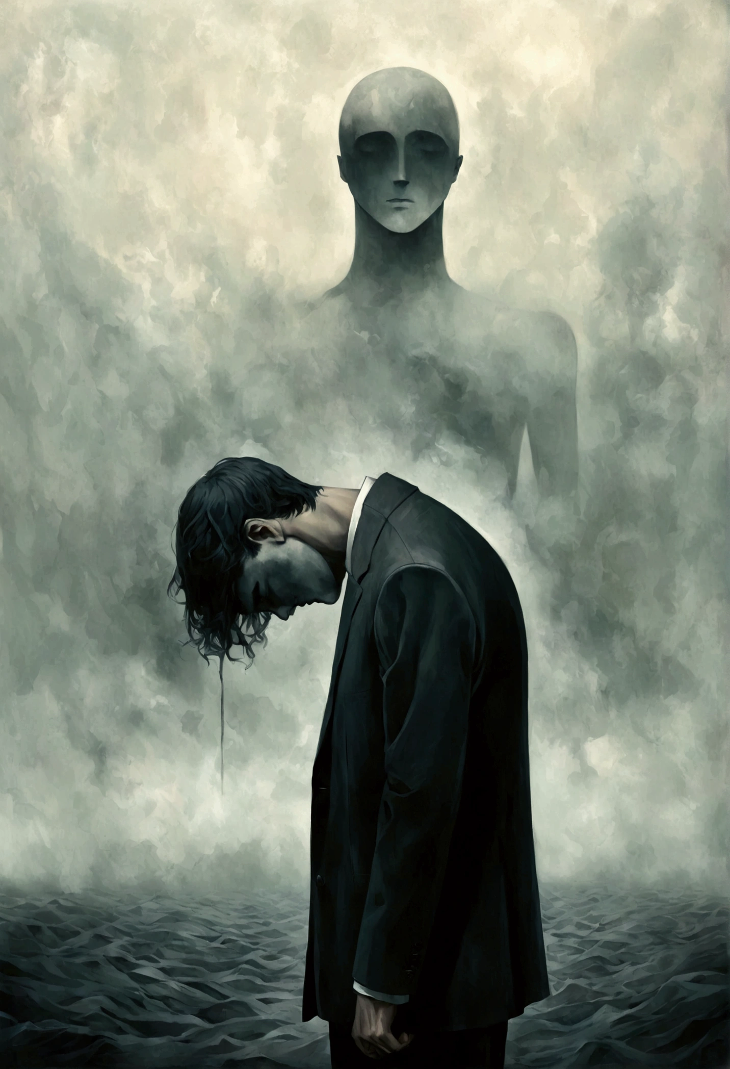 Faceless Man,(((Rectangular head)))，Cubic personification，bend over，tired， Alessio Albi, Abstract Surrealism, Faceless Man dark, Disturbing horror of nothingness, mist