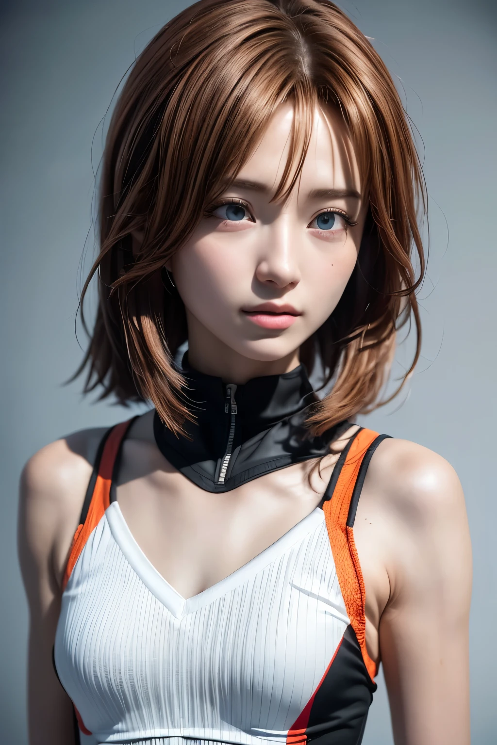 ((Best quality)), ((Masterpiece)), (Details: 1.4), 3D, Asuka Langley Soryu, Asuka, high resolution (high dynamic range), ray tracing, NVIDIA, super resolution, Unreal 5, subsurface scattering ,PBR texturing, post-processing, anisotropic filtering, depth of field, maximum sharpness and sharpness, multi-layered textures, albedo and specular maps, surface shading, accurate simulation of light and matter interaction, perfect proportions ,Octane Rendering,Two-Tone Lighting,Wide Aperture,Low ISO,White Balance,Rule of Thirds,8K RAW,(Masterpiece: 1.4, Best Quality), (Intricate Details), Unity8k Wallpaper, Highly Detailed, Beautiful and Mysterious, Details background, realistic, alone, perfectly detailed face, detailed blue eyes, highly detailed, blush, hair ornament, chignon orange hair, plug suit 02, Shikinami Asuka Langley, Evangelion, Slender , full body suit, black background, above the waist,composition that shows the whole body,