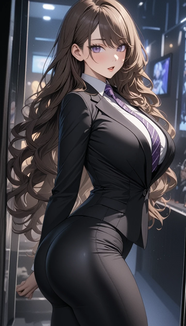 ((masterpiece)), ((high quality)),((ultra-detailed)), ((extremely detailed)),(character portrait), 4K,8K,wearing black pants suit, white collared shirt, black pants, 21yo, a beautiful woman, very tall woman with great style, perfect big breasts, perfect big ass, tight suit, slender body, 1girl, solo, middle long wavy hair, brown hair with red accent, swept bangs, perfect hands, perfect face, perfect purple eyes, perfect body, beautiful legs, cinema lightning, purple striped patterned necktie, cold beauty, open mouth, close eyes, side view, full body, selfie