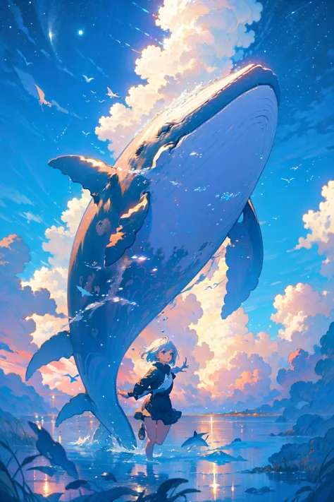 1girl and 1whale,
(girl is silver short hair,blue eyes,look at whale),
((whale is giant,jumping,water splash,))
mystical,brillia...