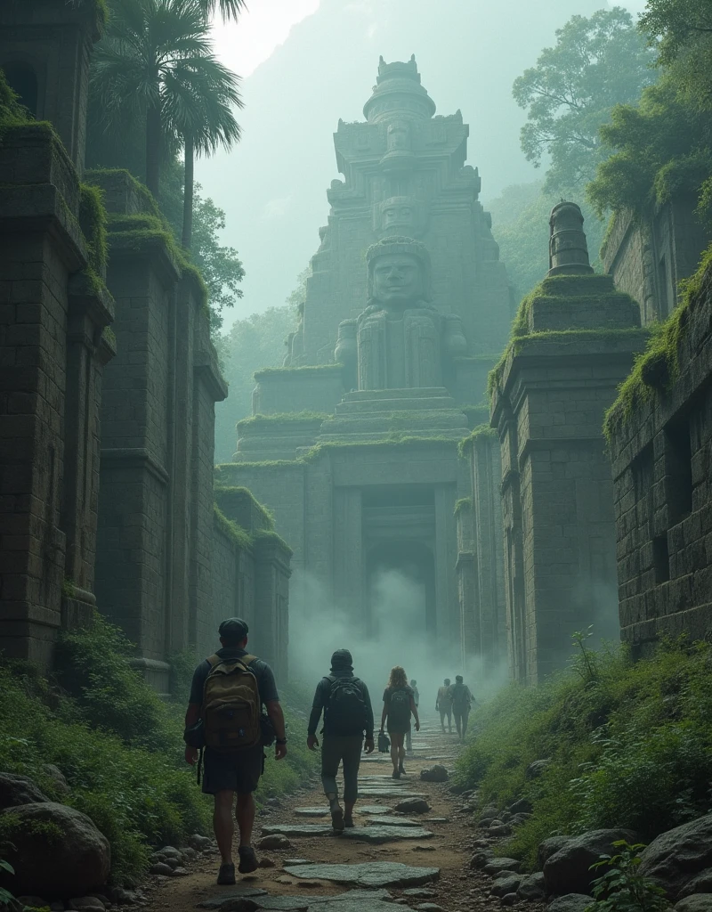 best quality, masterpiece, Ruins of a lost civilization in the jungle、ancient architecture、(The collapsed mysterious colossus)、in a thick fog、A group of several fully equipped explorers、I&#39;m walking down a pathless road