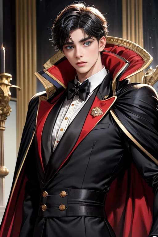 masterpiece, 最high quality, high quality, 1 boy, alone, Male focus, Upper Body,Watching the audience, Messy black hair, Adorable big blue eyes, White, Noble, Noble,A black and red cape that is bursting with sexy volume、Tuxedo、A very voluminous, large, very large, very large, long, long red and black cape with a high stand-up collar, made of a lot of fabric that reaches down to the floor., ,cute beautiful,Cute, cute, kind, handsome guy